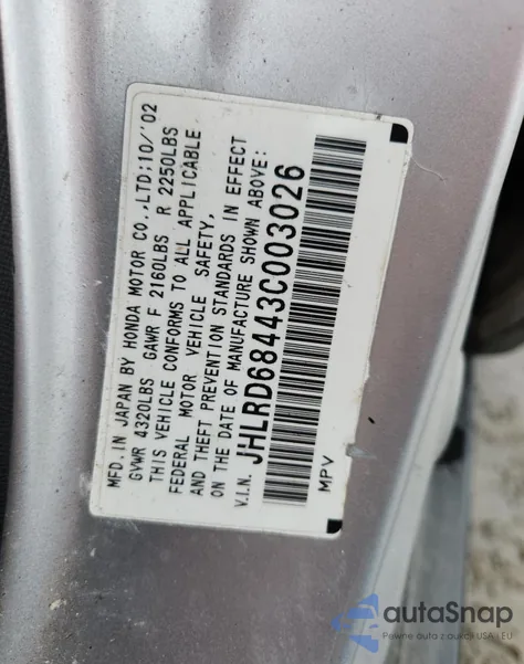 2003 Honda Cr-V Lx из США, поврежденный, VIN JHLRD68443C003026